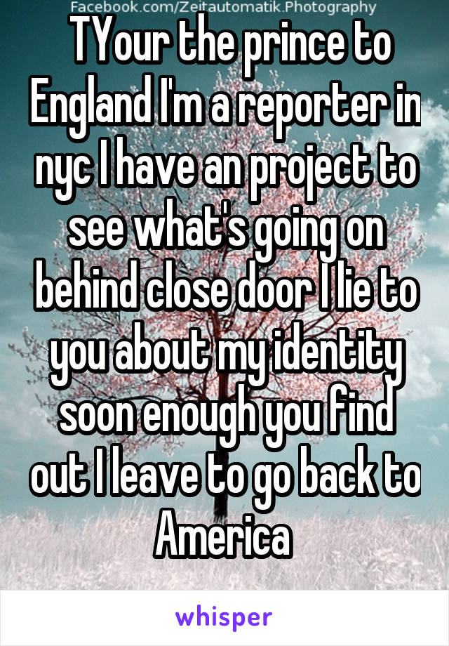  TYour the prince to England I'm a reporter in nyc I have an project to see what's going on behind close door I lie to you about my identity soon enough you find out I leave to go back to America 
