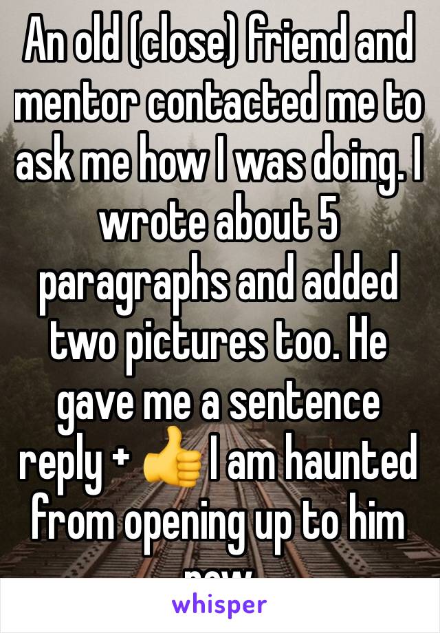 An old (close) friend and mentor contacted me to ask me how I was doing. I wrote about 5 paragraphs and added two pictures too. He gave me a sentence reply + 👍 I am haunted from opening up to him now