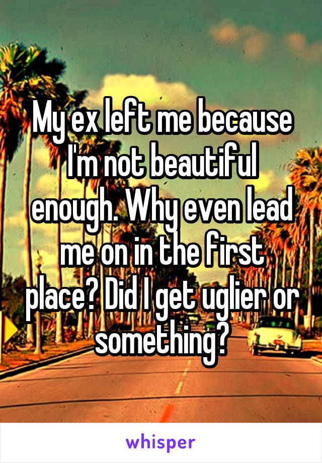 My ex left me because I'm not beautiful enough. Why even lead me on in the first place? Did I get uglier or something?