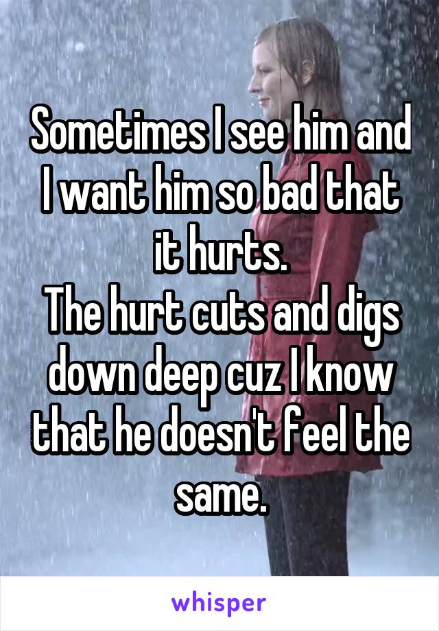 Sometimes I see him and I want him so bad that it hurts.
The hurt cuts and digs down deep cuz I know that he doesn't feel the same.