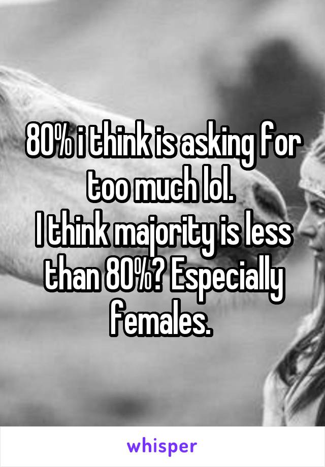 80% i think is asking for too much lol. 
I think majority is less than 80%? Especially females. 