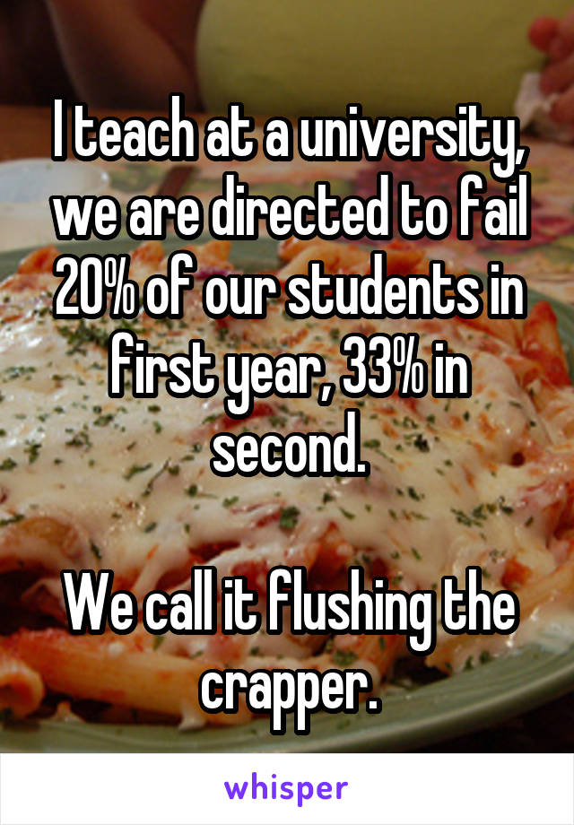 I teach at a university, we are directed to fail 20% of our students in first year, 33% in second.

We call it flushing the crapper.