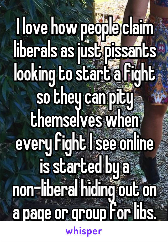 I love how people claim liberals as just pissants looking to start a fight so they can pity themselves when every fight I see online is started by a non-liberal hiding out on a page or group for libs.