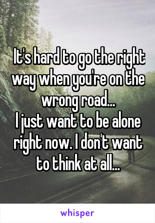  It's hard to go the right way when you're on the wrong road...
I just want to be alone right now. I don't want to think at all...