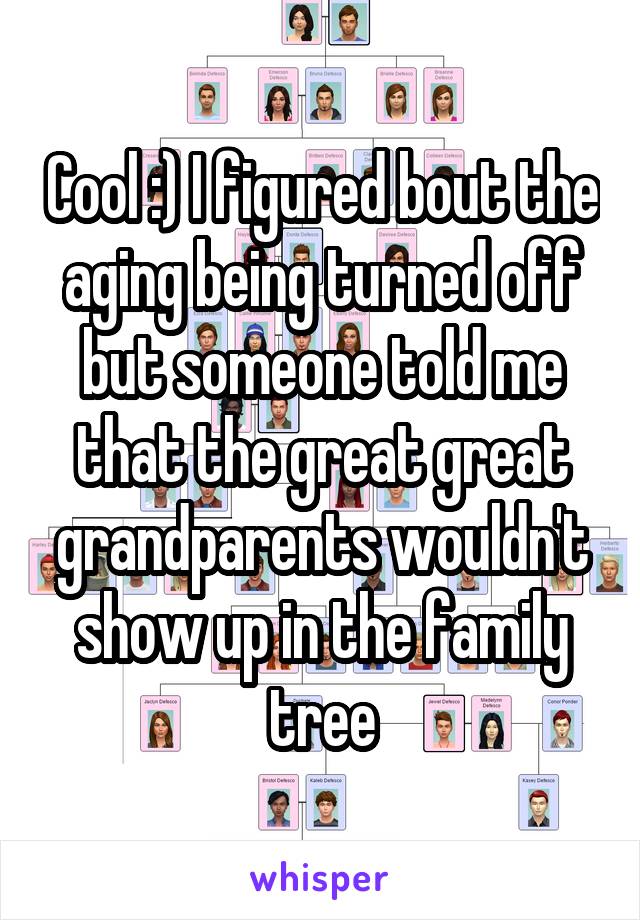 Cool :) I figured bout the aging being turned off but someone told me that the great great grandparents wouldn't show up in the family tree