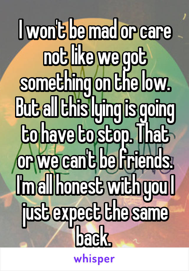 I won't be mad or care not like we got something on the low. But all this lying is going to have to stop. That or we can't be friends. I'm all honest with you I just expect the same back. 