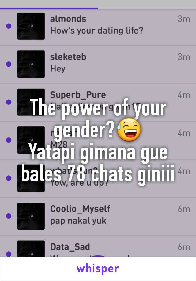 The power of your gender?😅
Yatapi gimana gue bales 78 chats giniii