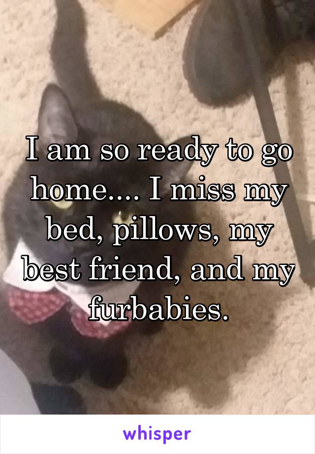 I am so ready to go home.... I miss my bed, pillows, my best friend, and my furbabies.