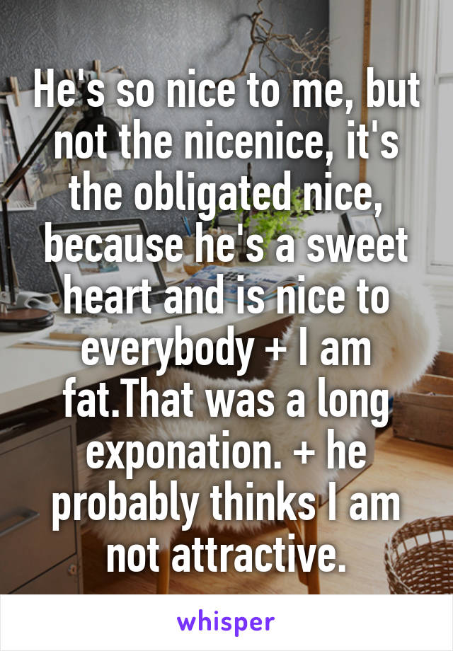 He's so nice to me, but not the nicenice, it's the obligated nice, because he's a sweet heart and is nice to everybody + I am fat.That was a long exponation. + he probably thinks I am not attractive.