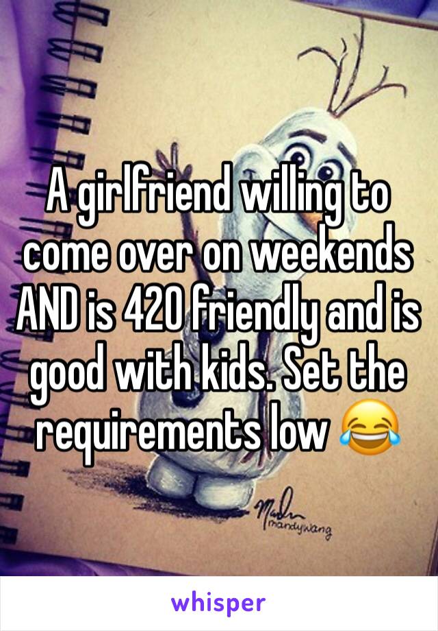 A girlfriend willing to come over on weekends AND is 420 friendly and is good with kids. Set the requirements low 😂