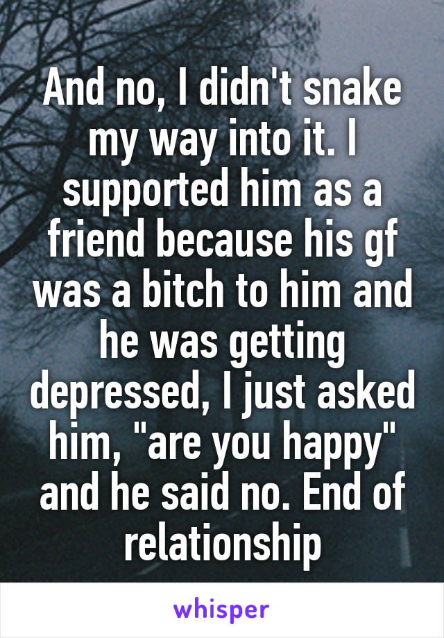 And no, I didn't snake my way into it. I supported him as a friend because his gf was a bitch to him and he was getting depressed, I just asked him, "are you happy" and he said no. End of relationship