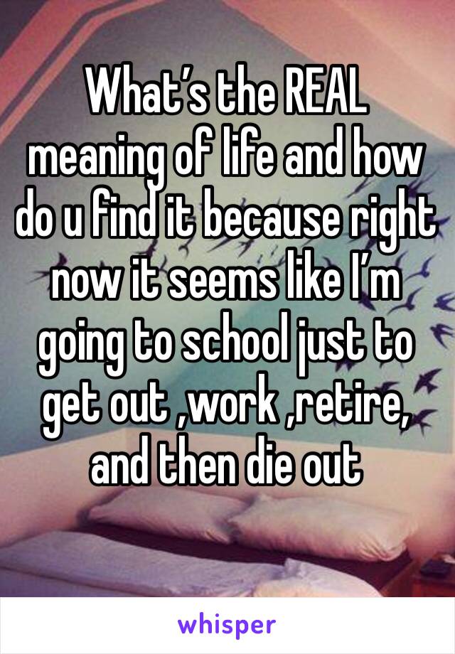 What’s the REAL meaning of life and how do u find it because right now it seems like I’m going to school just to get out ,work ,retire, and then die out 