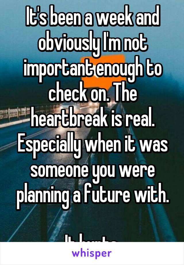 It's been a week and obviously I'm not important enough to check on. The heartbreak is real. Especially when it was someone you were planning a future with.

It hurts.