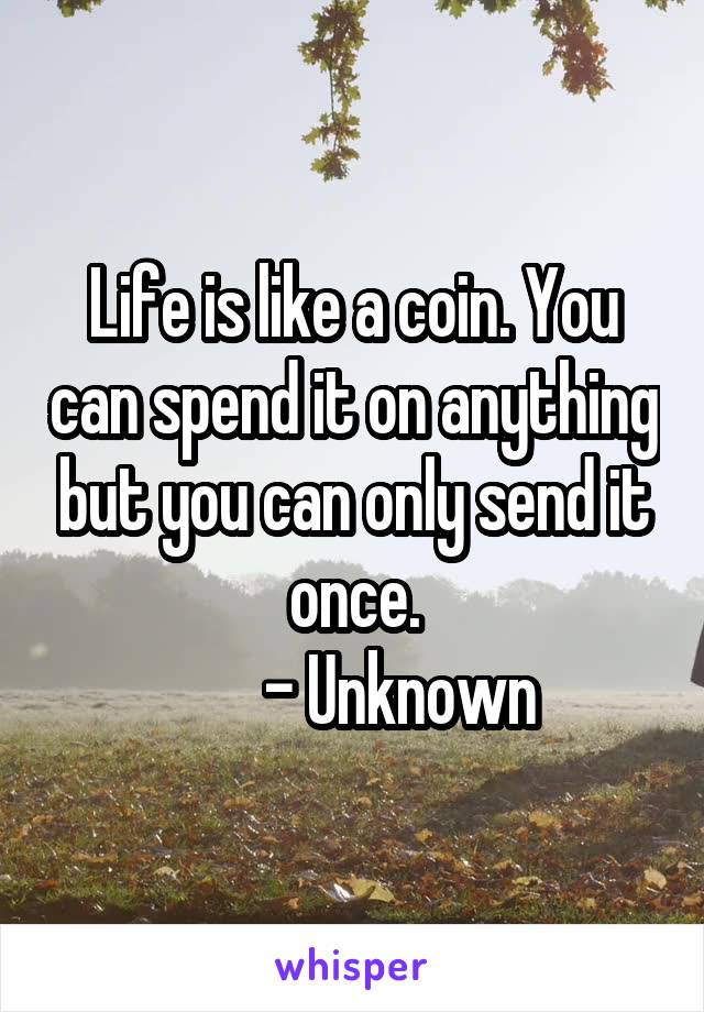 Life is like a coin. You can spend it on anything but you can only send it once.
        - Unknown 