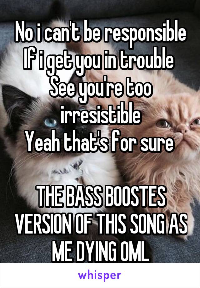 No i can't be responsible
If i get you in trouble 
See you're too irresistible
Yeah that's for sure 

THE BASS BOOSTES VERSION OF THIS SONG AS ME DYING OML