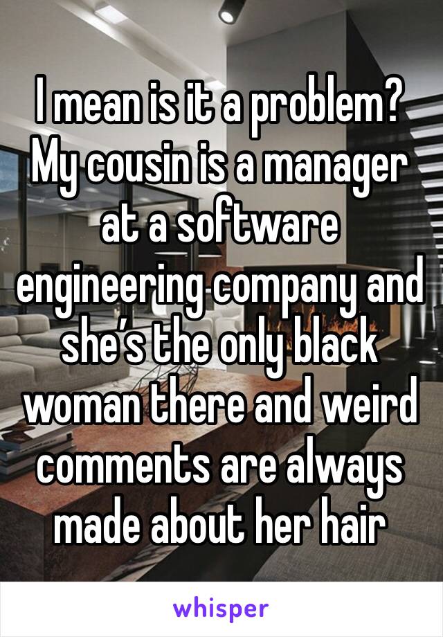 I mean is it a problem? My cousin is a manager at a software engineering company and she’s the only black woman there and weird comments are always made about her hair