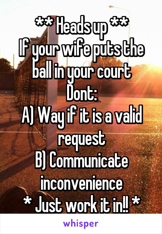 ** Heads up **
If your wife puts the ball in your court
Dont:
A) Way if it is a valid request
B) Communicate inconvenience
* Just work it in!! *