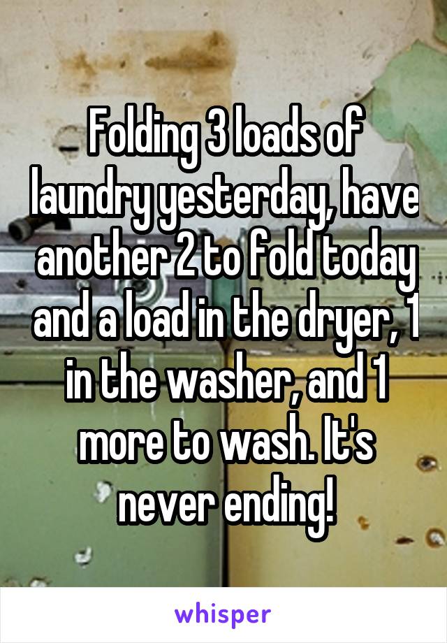 Folding 3 loads of laundry yesterday, have another 2 to fold today and a load in the dryer, 1 in the washer, and 1 more to wash. It's never ending!