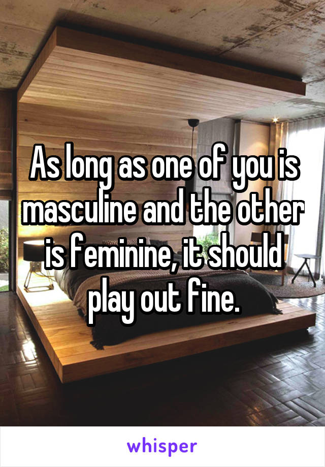 As long as one of you is masculine and the other is feminine, it should play out fine.