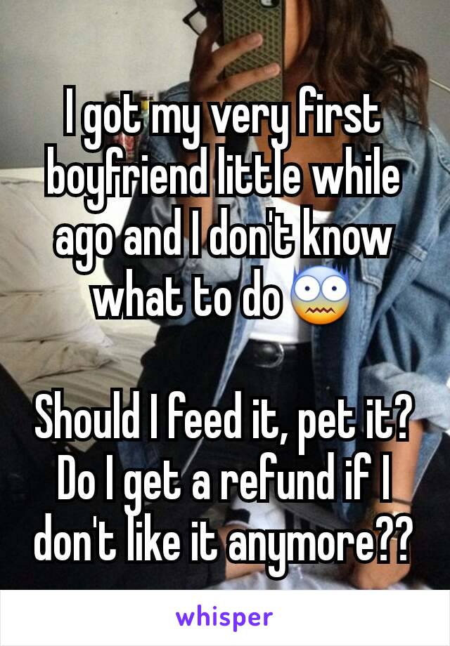 I got my very first boyfriend little while ago and I don't know what to do😨

Should I feed it, pet it? Do I get a refund if I don't like it anymore??