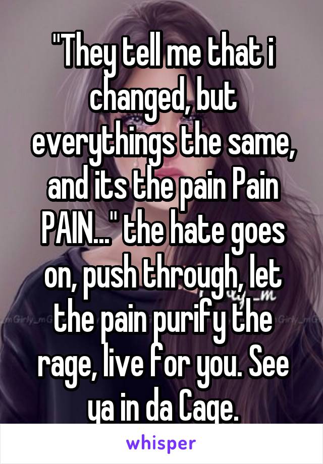 "They tell me that i changed, but everythings the same, and its the pain Pain PAIN..." the hate goes on, push through, let the pain purify the rage, live for you. See ya in da Cage.