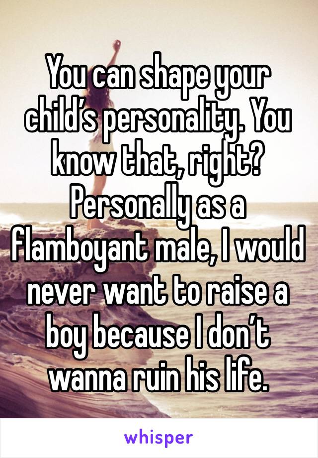 You can shape your child’s personality. You know that, right? Personally as a flamboyant male, I would never want to raise a boy because I don’t wanna ruin his life.