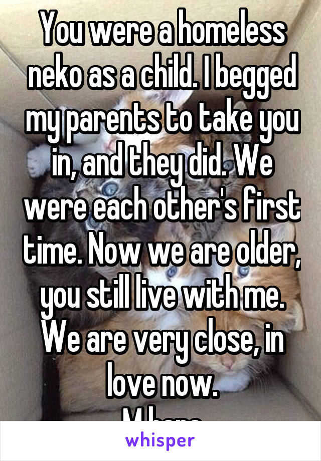 You were a homeless neko as a child. I begged my parents to take you in, and they did. We were each other's first time. Now we are older, you still live with me. We are very close, in love now.
M here