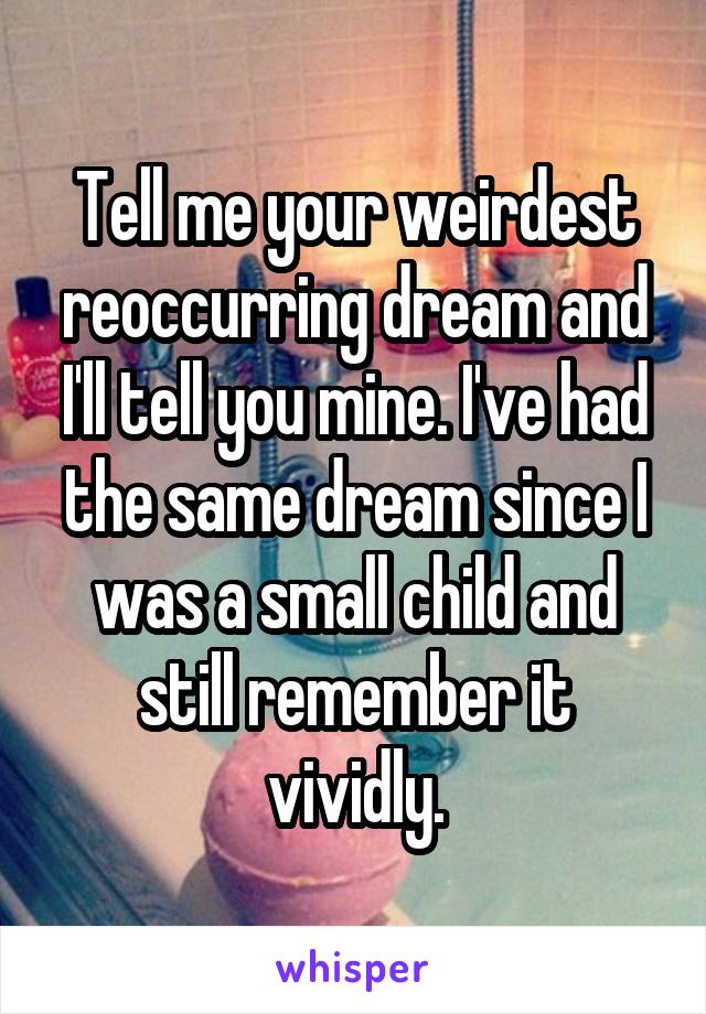 Tell me your weirdest reoccurring dream and I'll tell you mine. I've had the same dream since I was a small child and still remember it vividly.