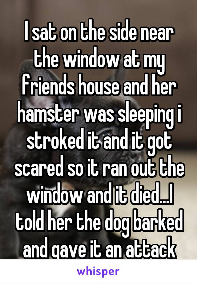 I sat on the side near the window at my friends house and her hamster was sleeping i stroked it and it got scared so it ran out the window and it died...I told her the dog barked and gave it an attack