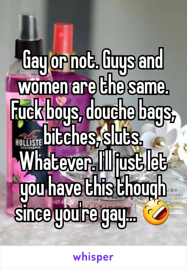 Gay or not. Guys and women are the same. Fuck boys, douche bags, bitches, sluts. Whatever. I'll just let you have this though since you're gay... 🤣