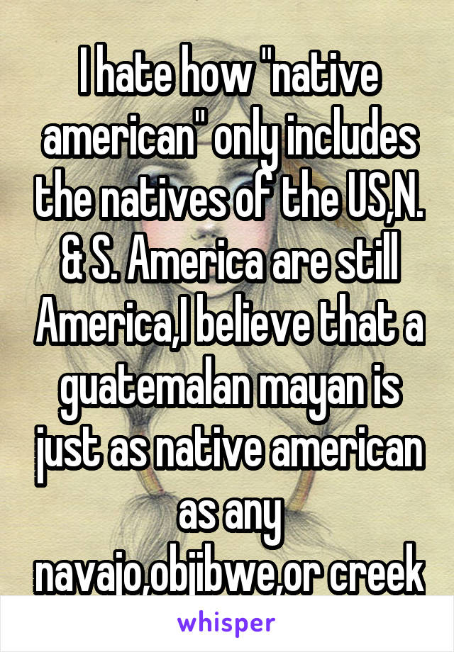 I hate how "native american" only includes the natives of the US,N. & S. America are still America,I believe that a guatemalan mayan is just as native american as any navajo,objibwe,or creek