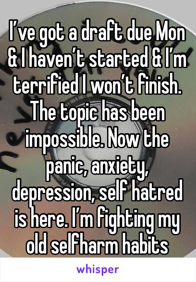 I’ve got a draft due Mon & I haven’t started & I’m terrified I won’t finish. The topic has been impossible. Now the panic, anxiety, depression, self hatred is here. I’m fighting my old selfharm habits