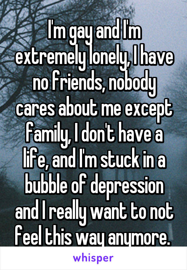 I'm gay and I'm extremely lonely, I have no friends, nobody cares about me except family, I don't have a life, and I'm stuck in a bubble of depression and I really want to not feel this way anymore. 