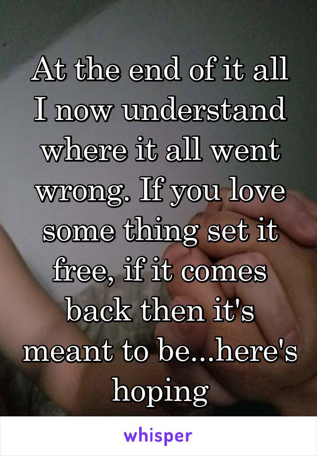 At the end of it all I now understand where it all went wrong. If you love some thing set it free, if it comes back then it's meant to be...here's hoping
