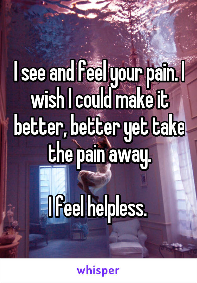 I see and feel your pain. I wish I could make it better, better yet take the pain away.

I feel helpless. 