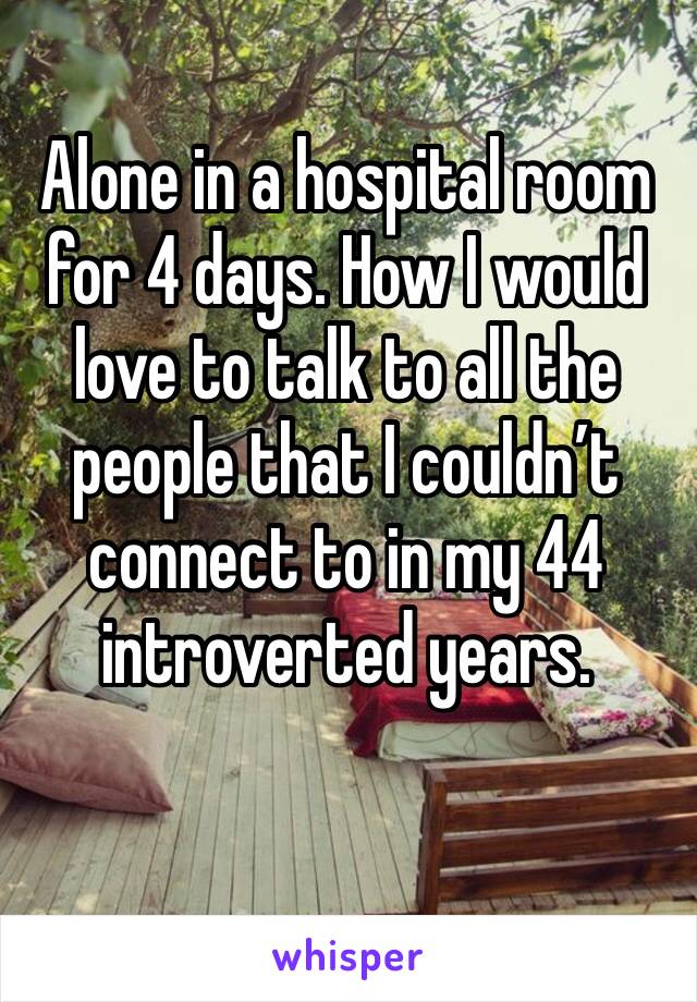 Alone in a hospital room for 4 days. How I would love to talk to all the people that I couldn’t connect to in my 44 introverted years. 