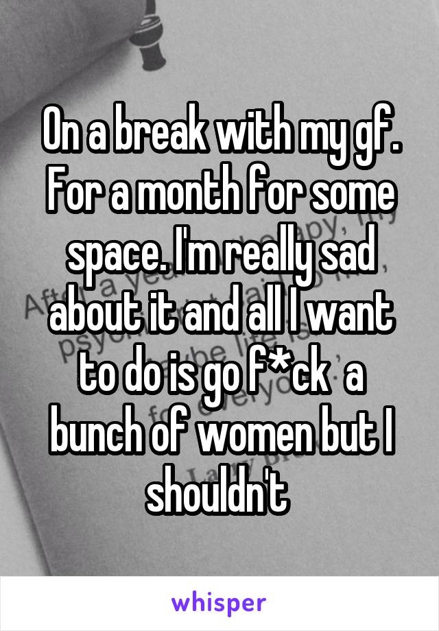 On a break with my gf. For a month for some space. I'm really sad about it and all I want to do is go f*ck  a bunch of women but I shouldn't 
