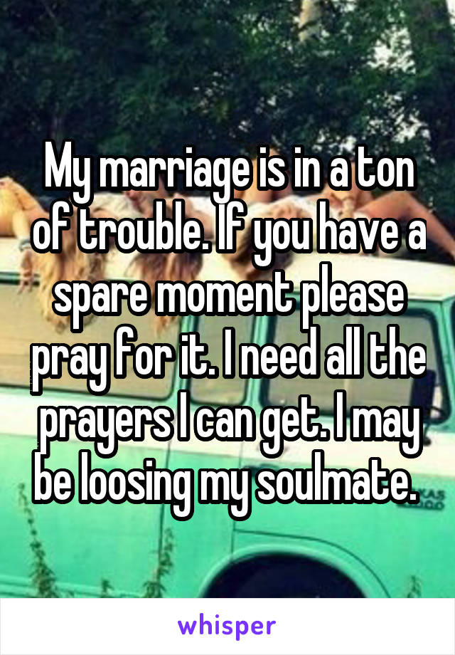 My marriage is in a ton of trouble. If you have a spare moment please pray for it. I need all the prayers I can get. I may be loosing my soulmate. 