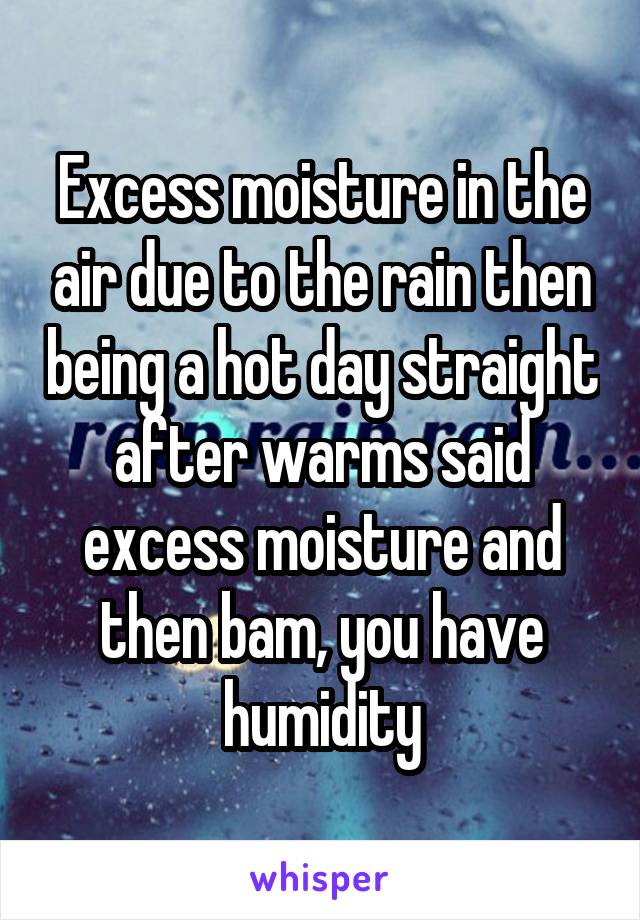 Excess moisture in the air due to the rain then being a hot day straight after warms said excess moisture and then bam, you have humidity