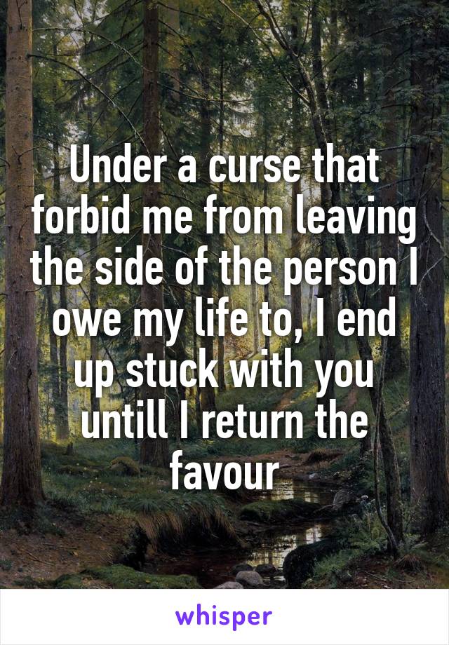 Under a curse that forbid me from leaving the side of the person I owe my life to, I end up stuck with you untill I return the favour