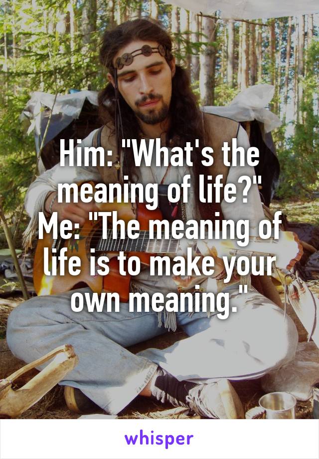 Him: "What's the meaning of life?"
Me: "The meaning of life is to make your own meaning."