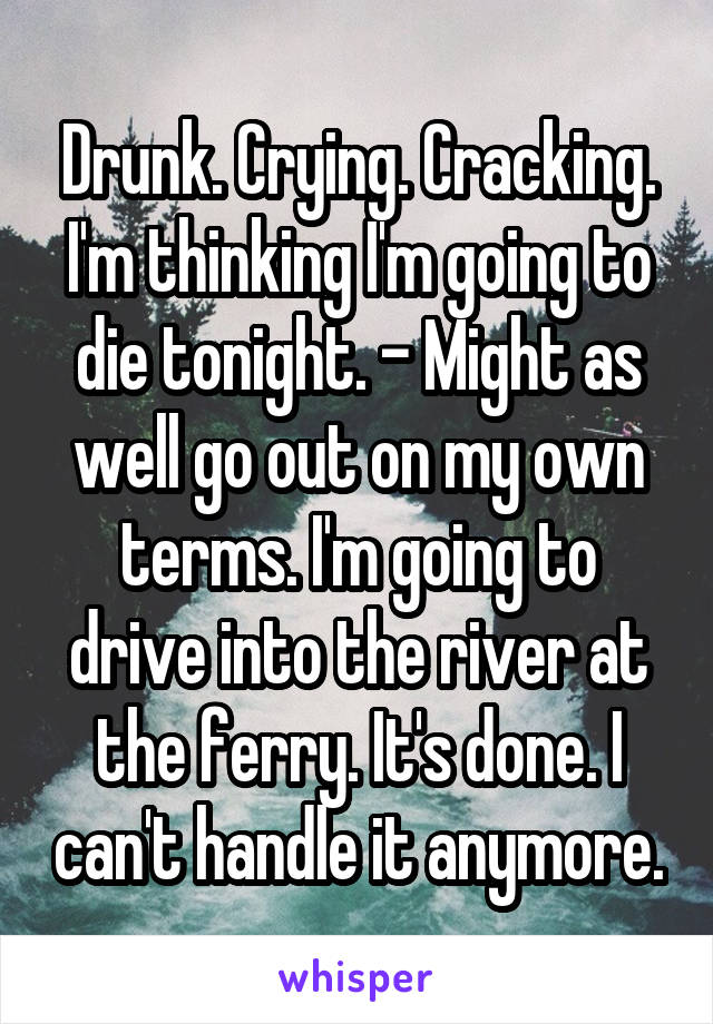 Drunk. Crying. Cracking. I'm thinking I'm going to die tonight. - Might as well go out on my own terms. I'm going to drive into the river at the ferry. It's done. I can't handle it anymore.