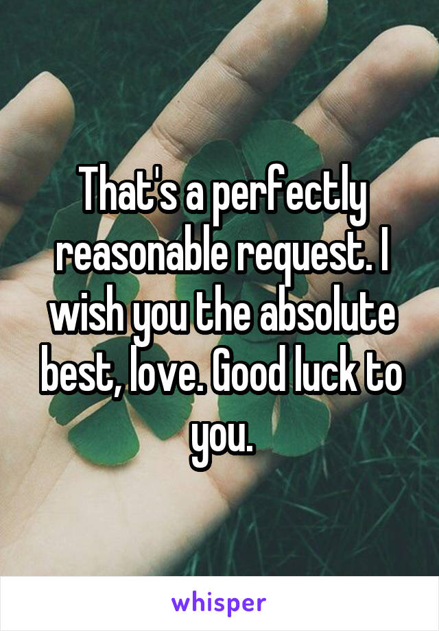 That's a perfectly reasonable request. I wish you the absolute best, love. Good luck to you.