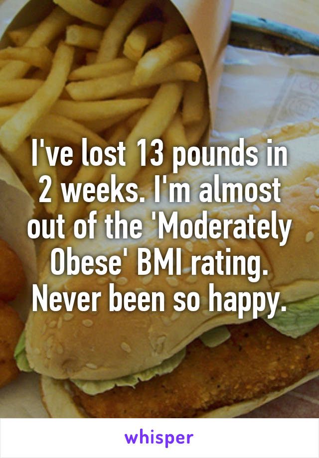 I've lost 13 pounds in 2 weeks. I'm almost out of the 'Moderately Obese' BMI rating. Never been so happy.