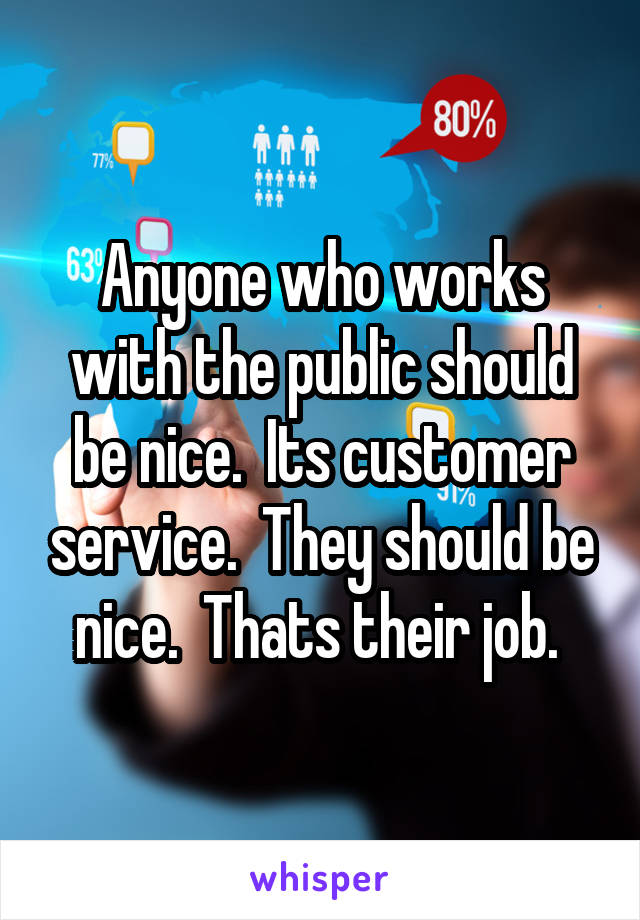 Anyone who works with the public should be nice.  Its customer service.  They should be nice.  Thats their job. 
