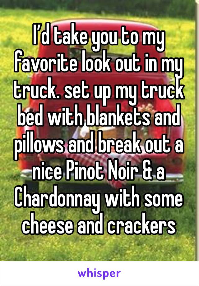 I’d take you to my favorite look out in my truck. set up my truck bed with blankets and pillows and break out a nice Pinot Noir & a Chardonnay with some cheese and crackers