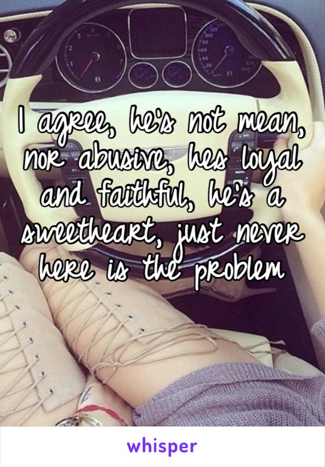 I agree, he’s not mean, nor abusive, hes loyal and faithful, he’s a sweetheart, just never here is the problem 