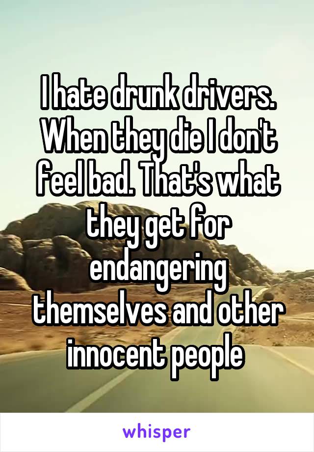 I hate drunk drivers. When they die I don't feel bad. That's what they get for endangering themselves and other innocent people 