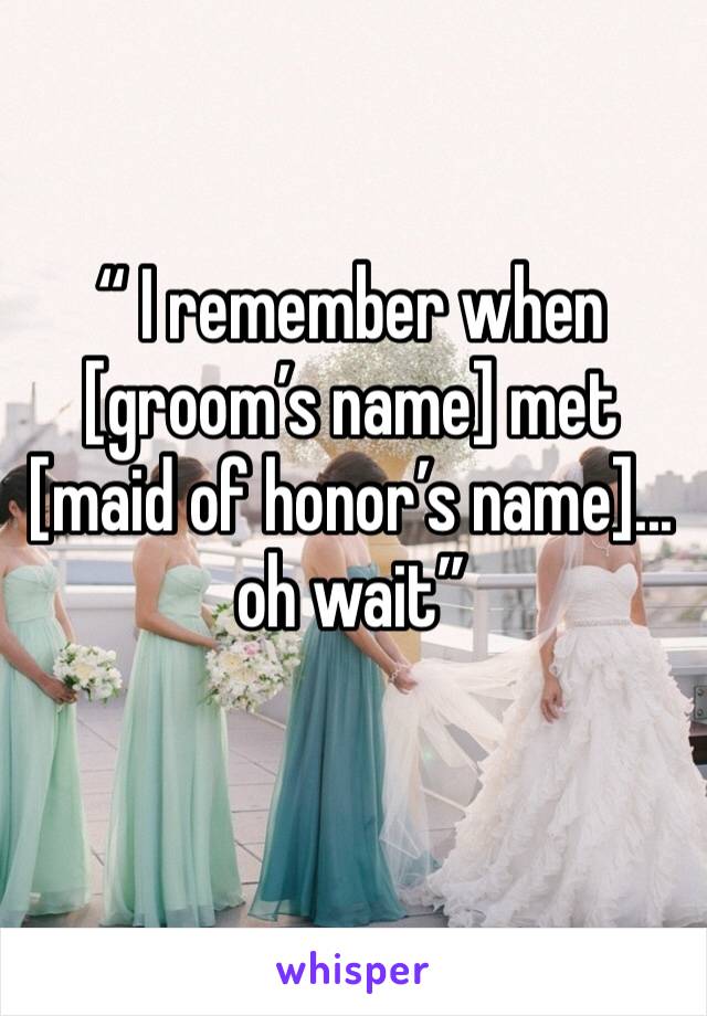 “ I remember when [groom’s name] met [maid of honor’s name]... oh wait”
