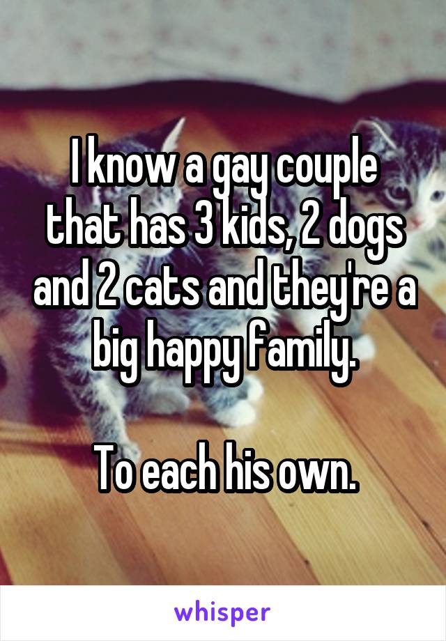 I know a gay couple that has 3 kids, 2 dogs and 2 cats and they're a big happy family.

To each his own.